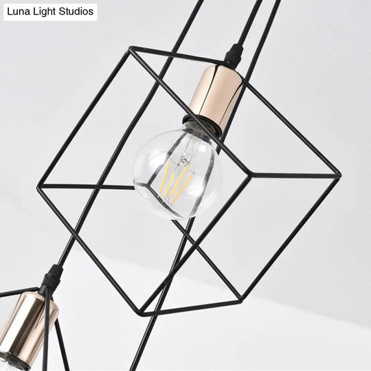 Industrial Black Square Suspension Pendant Light With 3 Metal Lights For Foyer