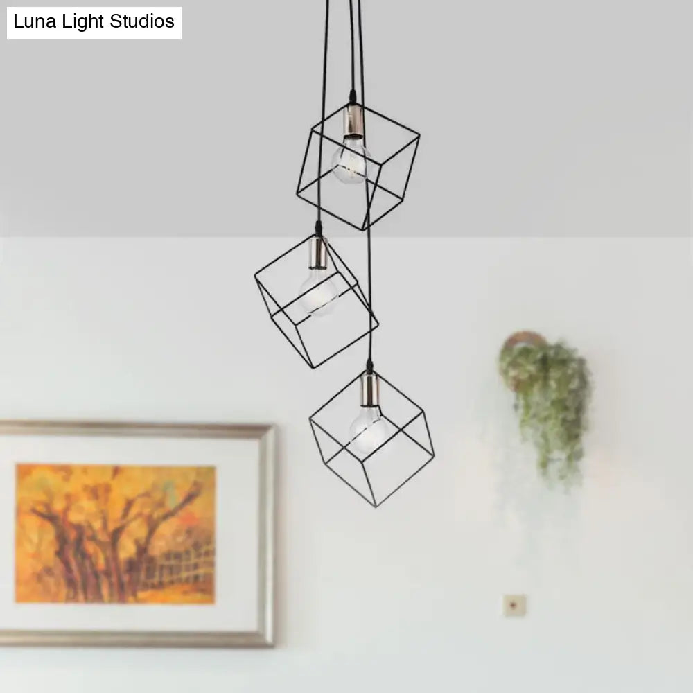 Industrial Black Metal Pendant Lighting: Square Suspension Light With 3 Lights For Foyer