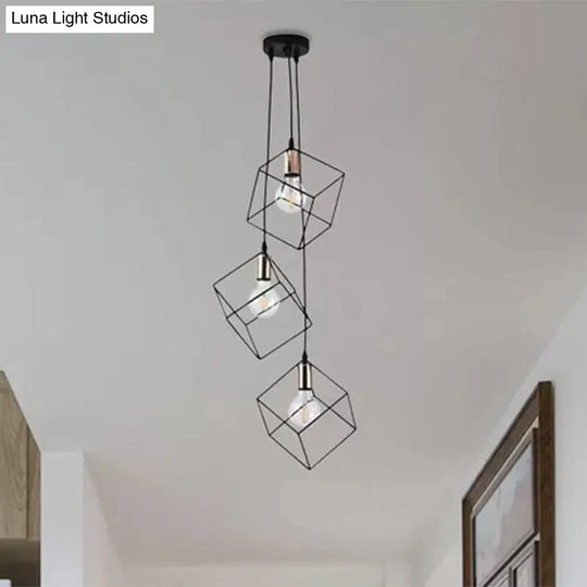 Industrial Black Square Suspension Pendant Light With 3 Metal Lights For Foyer