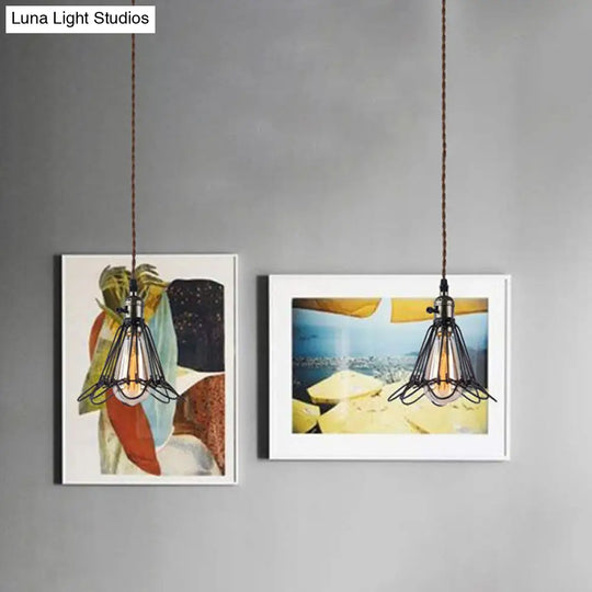 Rustic Industrial Pendant Lighting - Open Caged Metal Black Finish 1-Bulb Hanging Light For Living