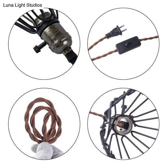 Rustic Industrial Pendant Lighting - Open Caged Metal Black Finish 1-Bulb Hanging Light For Living