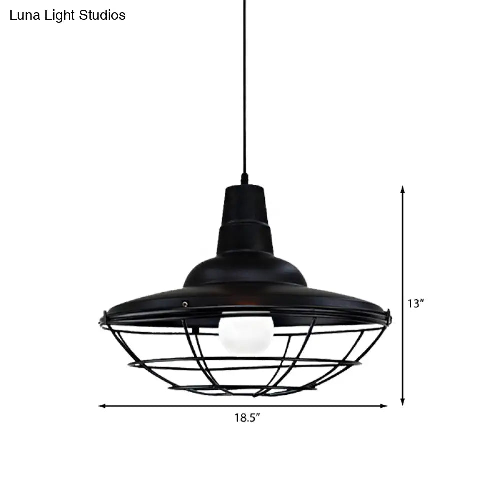Industrial Black Metal Saucer Pendant Light For Restaurants - 1 Head With Cage Shade Ceiling Fixture
