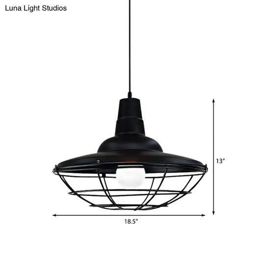Industrial Black Metal Saucer Pendant Light For Restaurants - 1 Head With Cage Shade Ceiling Fixture
