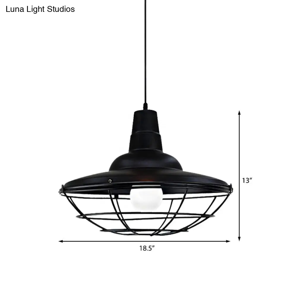 Industrial Black Metal Saucer Pendant Light With Cage Shade - Perfect For Restaurants