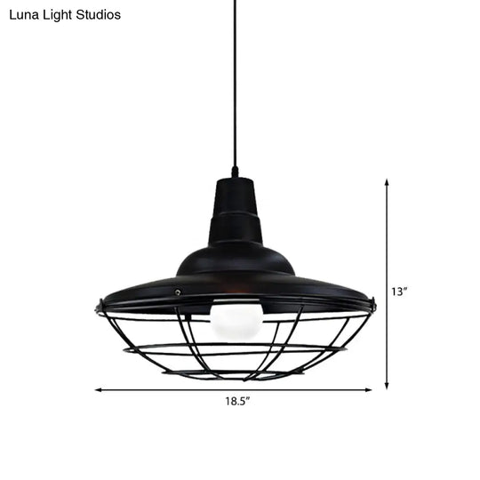 Industrial Black Metal Saucer Pendant Light With Cage Shade - Perfect For Restaurants