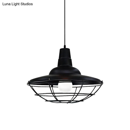 Industrial Black Metal Saucer Pendant Light For Restaurants - 1 Head With Cage Shade Ceiling Fixture