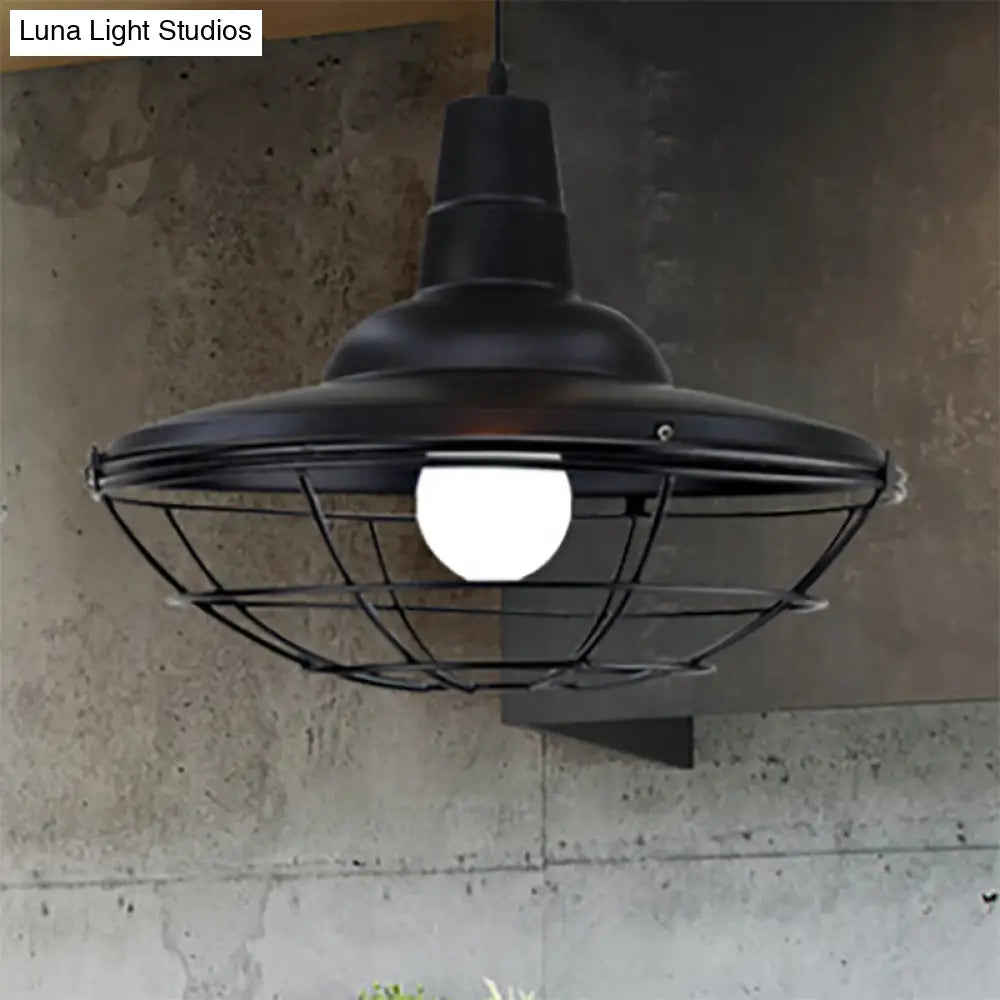 Industrial Black Metal Saucer Pendant Light With Cage Shade - Perfect For Restaurants