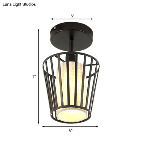 Industrial Black Metal Semi Flush Light With Fabric Shade - Perfect For Hallways And Corridors