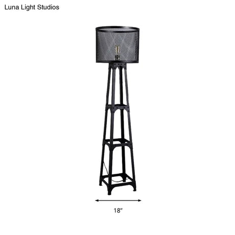 Industrial Black Metal Standing Floor Light With Mesh Screen And Drum Shade