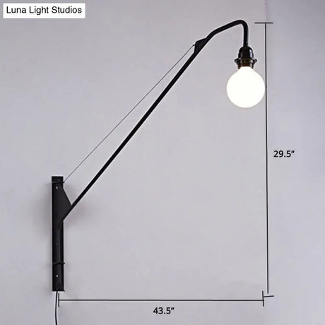 Industrial Black Metal Wall Sconce With Open Bulb Design For Fishing Rod Lamp Fixture