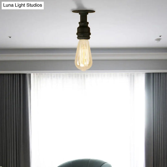 Industrial Black Metallic Mini Semi Flush Light With Bare Bulb For Corridor - 1 Piping