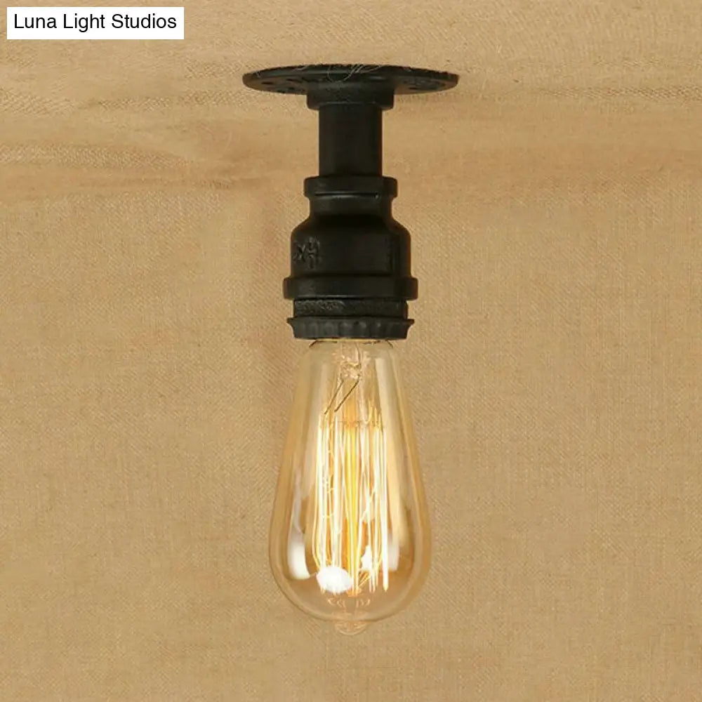 Industrial Black Metallic Mini Semi Flush Light With Bare Bulb For Corridor - 1 Piping