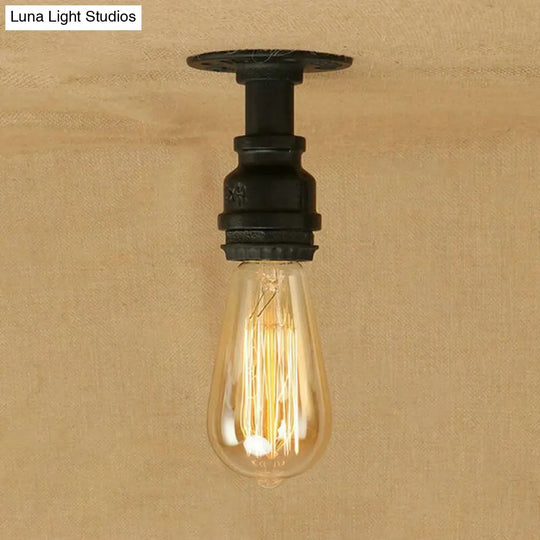Industrial Black Metallic Mini Semi Flush Light With Bare Bulb For Corridor - 1 Piping