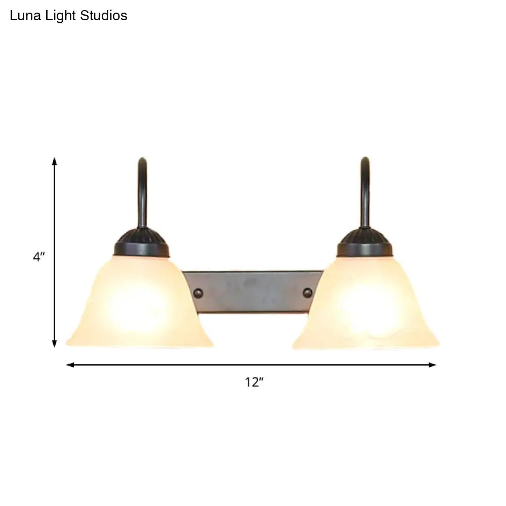 Industrial Black Opal Glass Wall Lamp For Bedroom - 2-Light Bell Shade Sconce Light Fixture