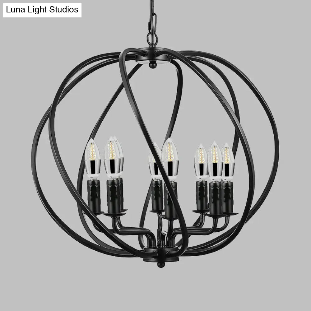 Industrial Metal Round Cage Chandelier With 8 Lights - Black Pendant Lighting For Dining Room