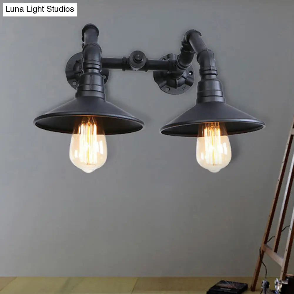 Industrial Black Saucer Wall Sconce - 2 Light Indoor Mount With Water Pipe Warehouse Style