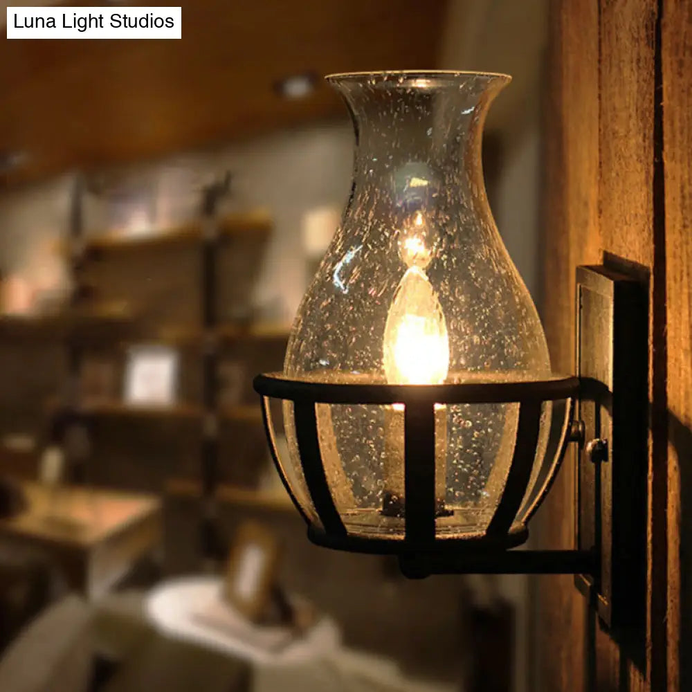 Industrial Black Wall Sconce Lighting With Seeded Glass Bottle Shade - Perfect For Living Room