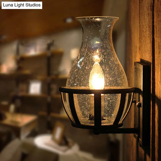 Industrial Black Wall Sconce Lighting With Seeded Glass Bottle Shade - Perfect For Living Room