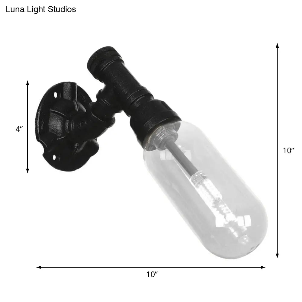 Industrial Black Wall Sconce With Clear Glass Light For Living Room
