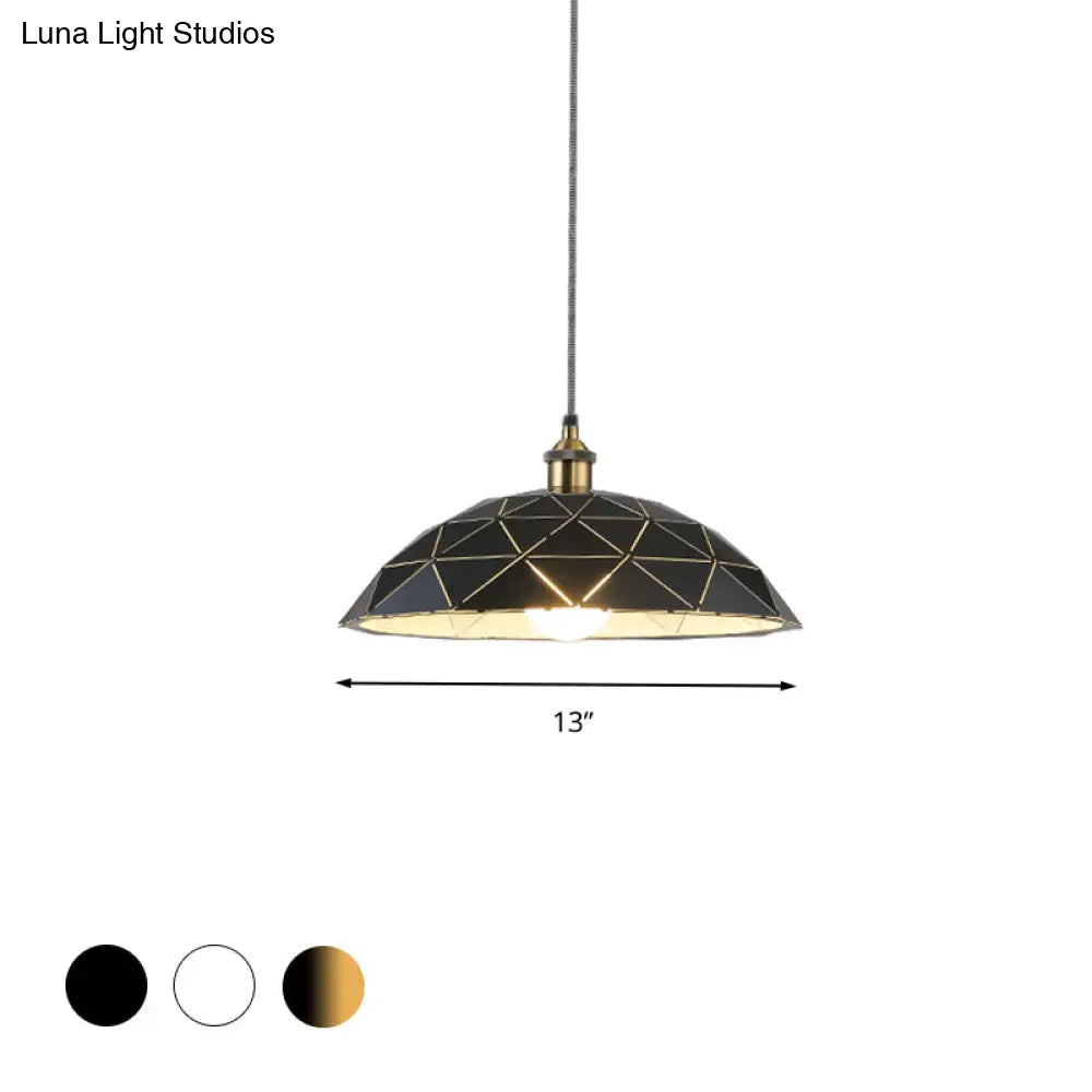 Industrial Black/White Metal Pendant Light For Living Room - 1 Dome Suspension Lamp 13/16/19.5 Wide