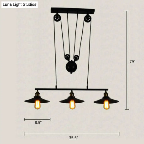 Industrial Black Wide Flare Pulley Pendant Light For Restaurant - 3 Bulb Hanging Island Fixture