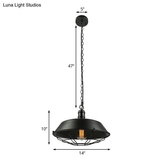 Industrial Black Wire Cage Pendant With Barn Shade - Ceiling Or Dining Table Hanging Fixture