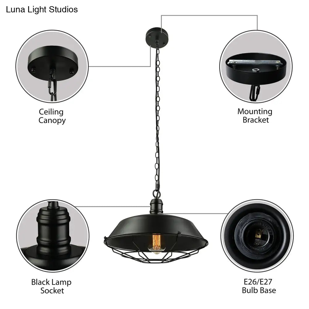 Industrial Wire Cage Pendant Light With Barn Shade - Black