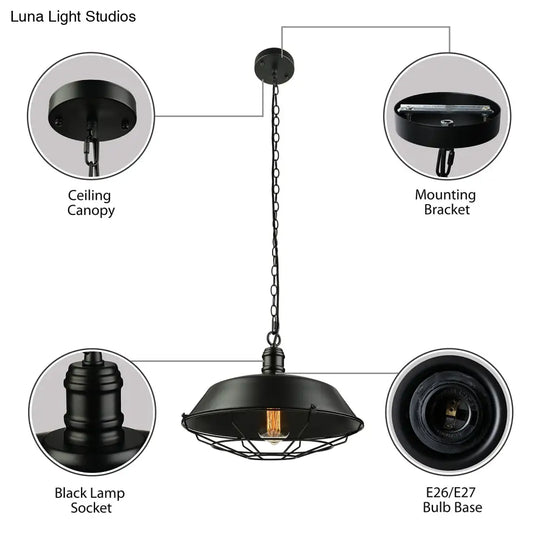 Industrial Wire Cage Pendant Light With Barn Shade - Black