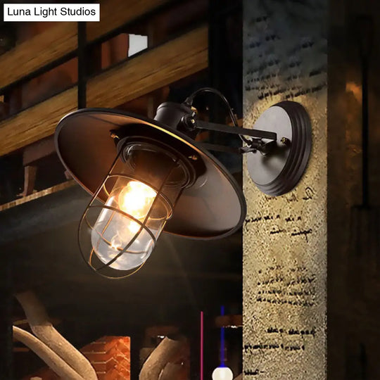Industrial Black Wire Cage Wall Sconce With Clear Glass - 1 Light Coffee Shop Lighting