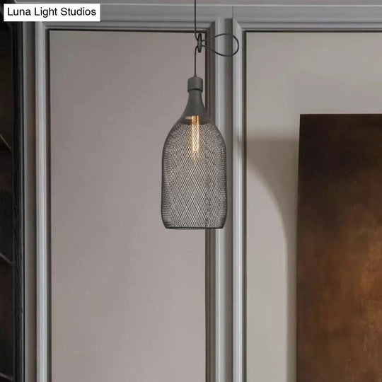 Industrial Wire Mesh Metal Pendant Light - Adjustable Height Black Finish