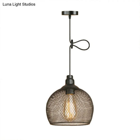 Industrial Black Wire Mesh Pendant Light With Height Adjustable Hanging Lamp For Dining Room