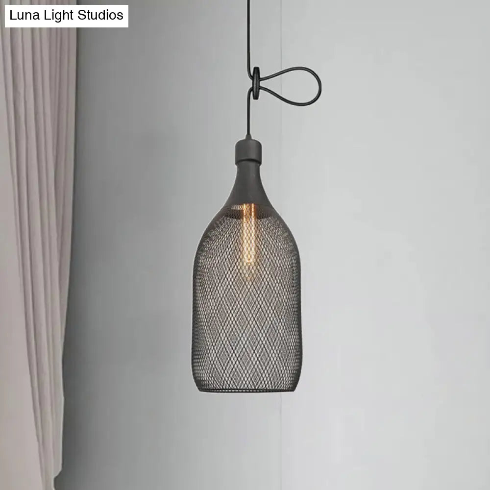 Industrial Wire Mesh Metal Pendant Light - Adjustable Height Black Finish