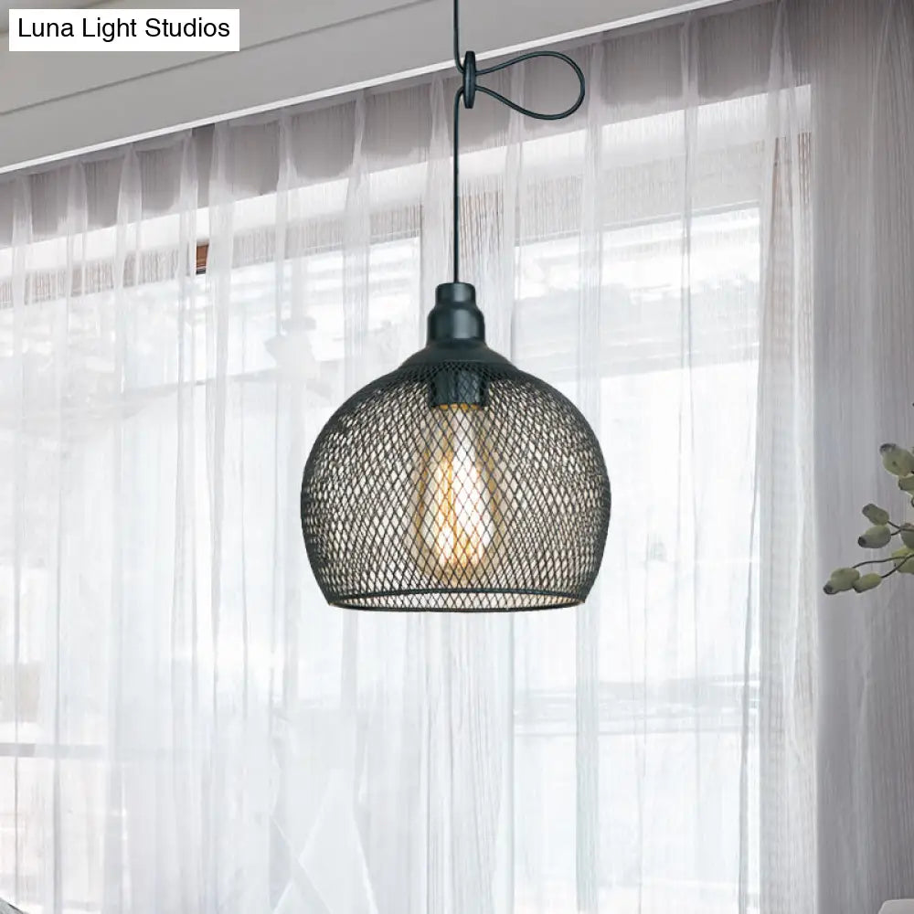 Industrial Black Wire Mesh Pendant Light With Height Adjustable Hanging Lamp For Dining Room