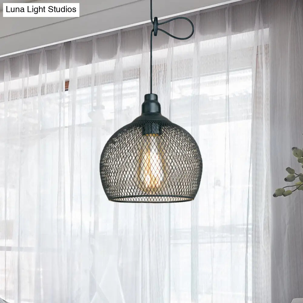 Industrial Wire Mesh Metal Pendant Light - Adjustable Height Black Finish