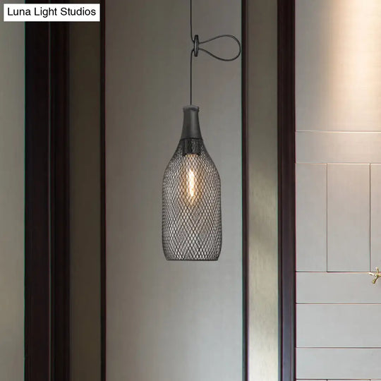 Industrial Wire Mesh Metal Pendant Light - Adjustable Height Black Finish