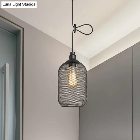 Industrial Black Wire Mesh Pendant Light With Height Adjustable Hanging Lamp For Dining Room