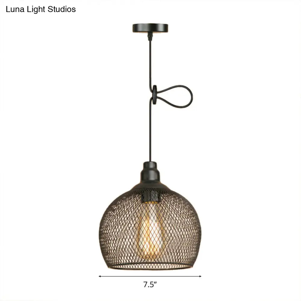 Industrial Wire Mesh Metal Pendant Light - Adjustable Height Black Finish