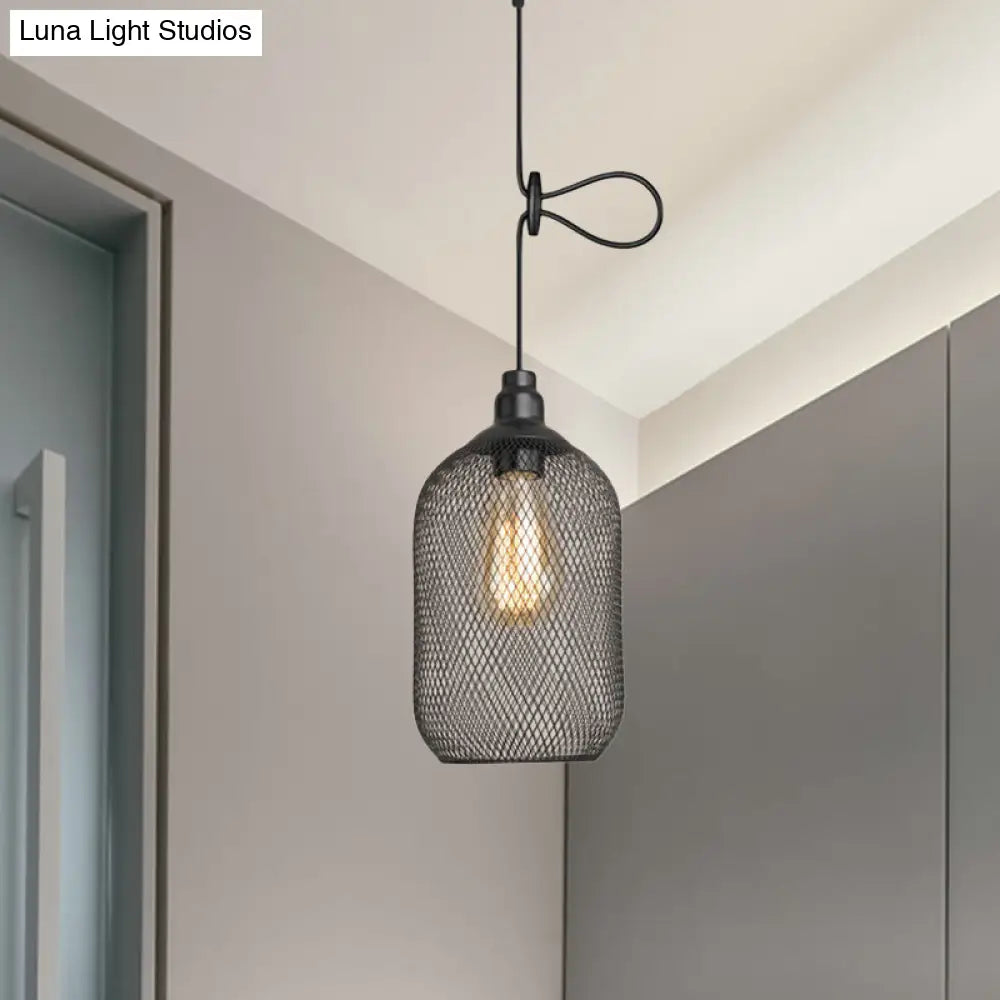 Industrial Wire Mesh Metal Pendant Light - Adjustable Height Black Finish