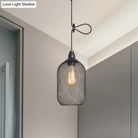 Industrial Wire Mesh Metal Pendant Light - Adjustable Height Black Finish