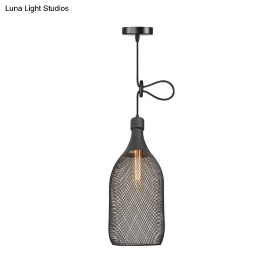 Industrial Wire Mesh Metal Pendant Light - Adjustable Height Black Finish / D