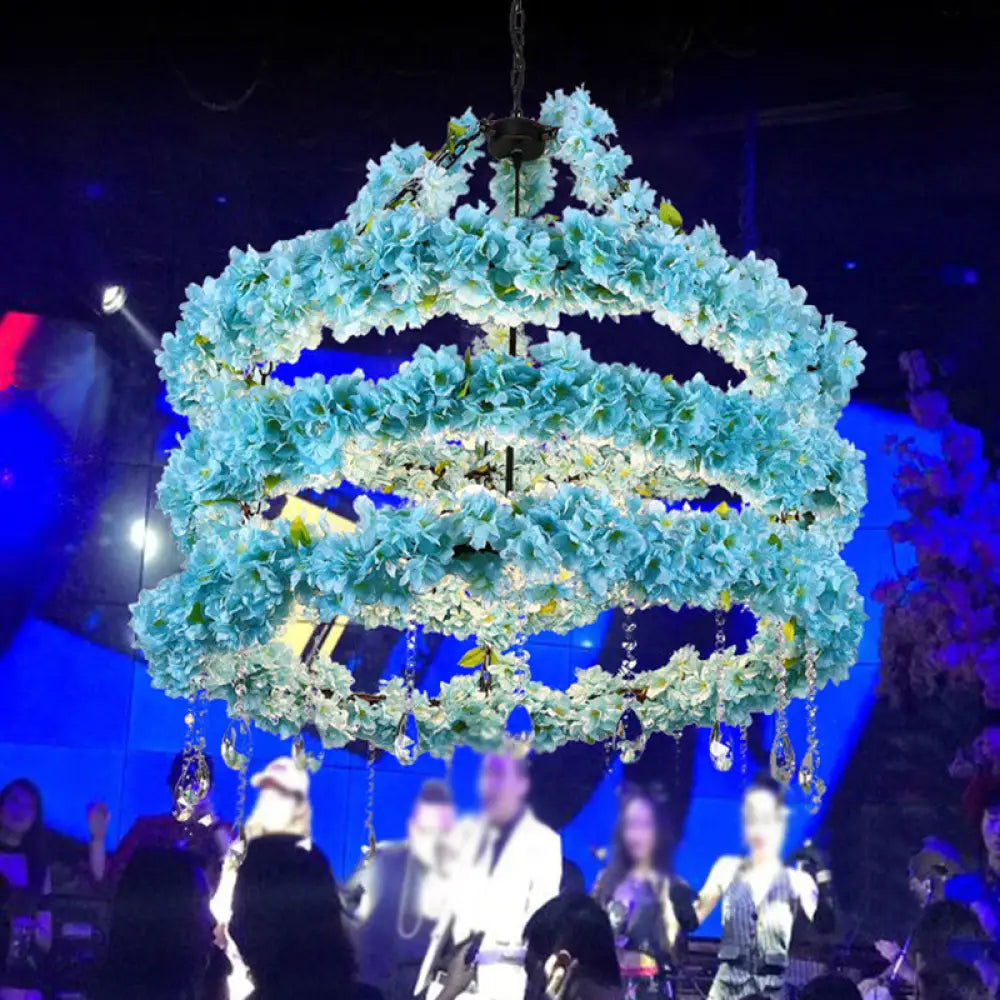 Industrial Blue Circle Pendant Chandelier With Led Down Lighting And Crystal Accent - 6 Heads