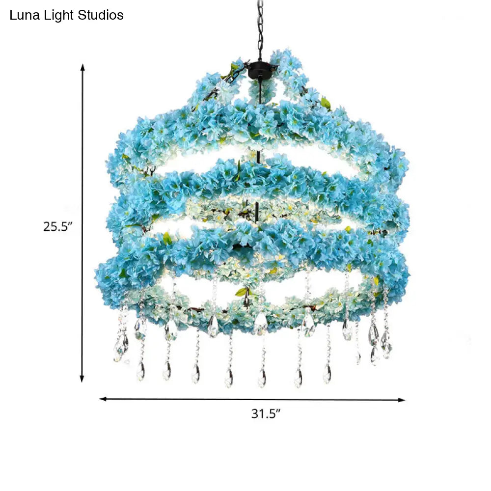 Industrial Blue Circle Metal Pendant Chandelier With Crystal Accent And Led Down Lighting - 6 Heads