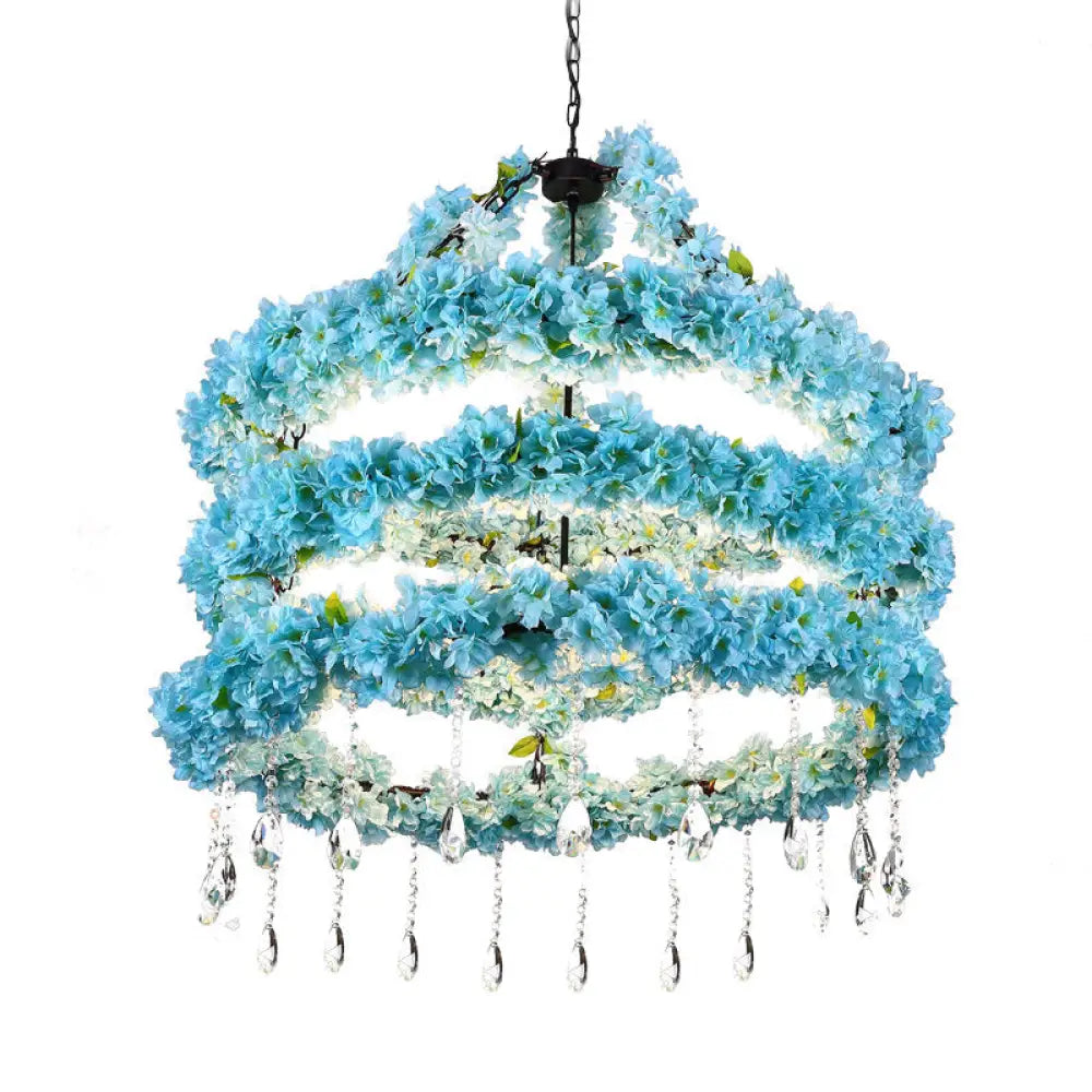 Industrial Blue Circle Pendant Chandelier With Led Down Lighting And Crystal Accent - 6 Heads