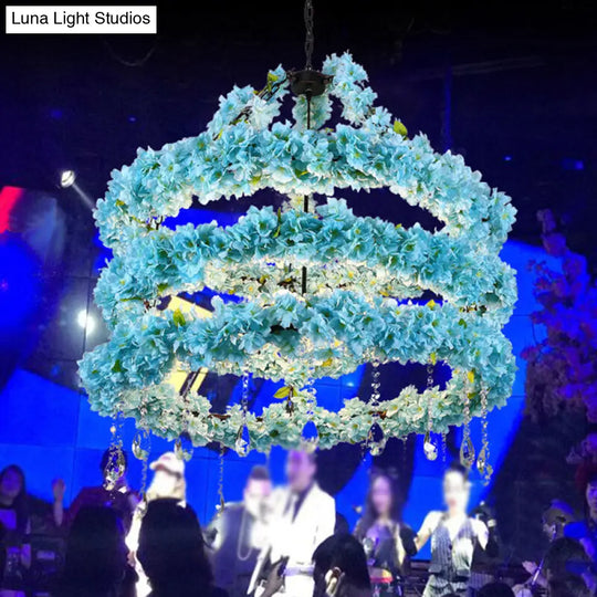 Industrial Blue Circle Metal Pendant Chandelier With Crystal Accent And Led Down Lighting - 6 Heads
