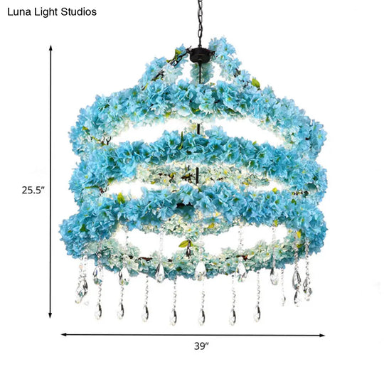 Industrial Blue Circle Metal Pendant Chandelier With Crystal Accent And Led Down Lighting - 6 Heads