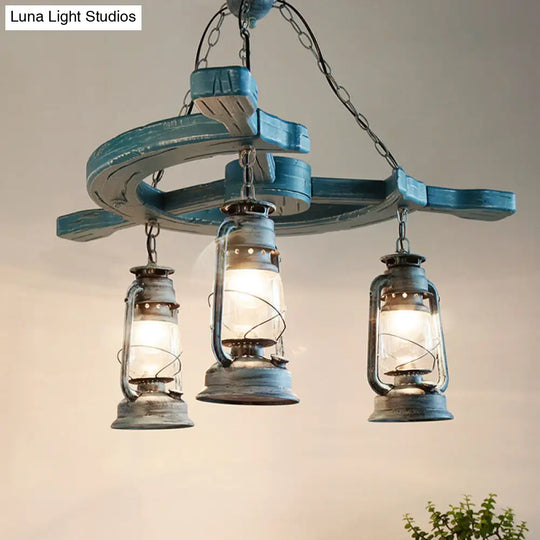 Modern 3-Light Blue Industrial Chandelier With Clear Glass Shade For Living Room