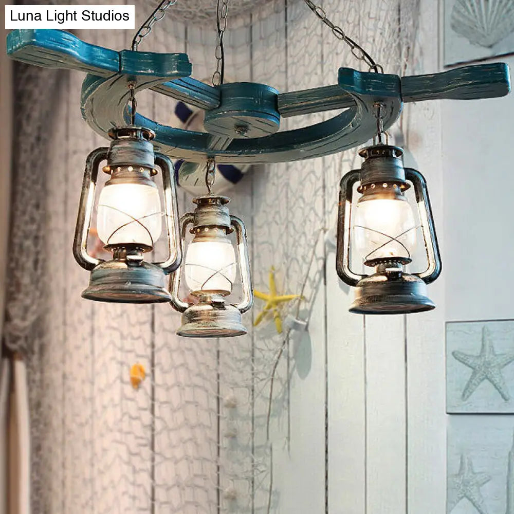 Modern 3-Light Blue Industrial Chandelier With Clear Glass Shade For Living Room