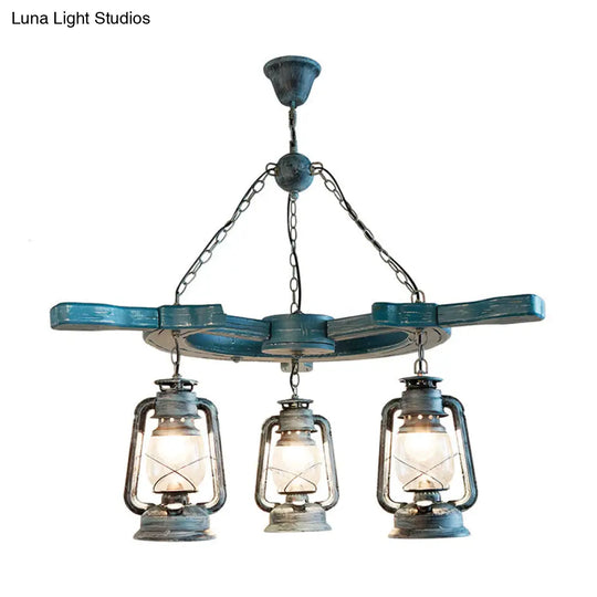 Industrial Blue Pendant Chandelier With Kerosene Clear Glass Shade - 3 Lights For Living Room
