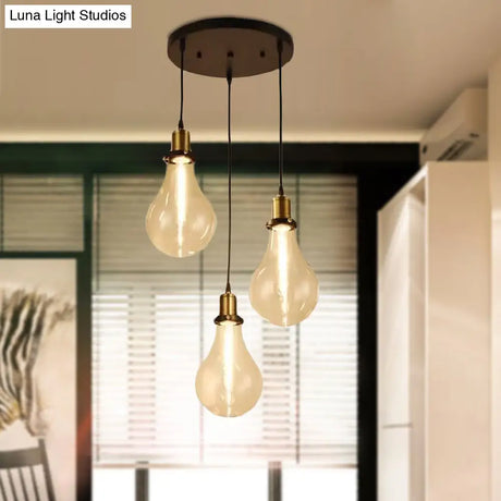 Industrial Brass Clear Glass Pendant Lighting With 3 Bare Bulb Multi Ceiling Lights