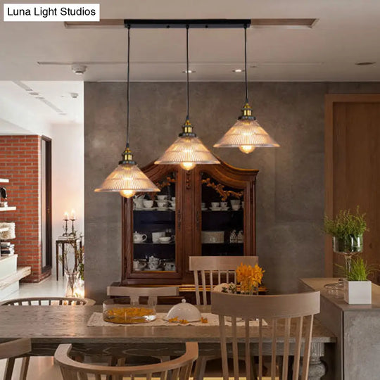 Industrial Brass Ribbed Glass Pendant Lighting - 3-Light Cone Hanging Light For Dining Room